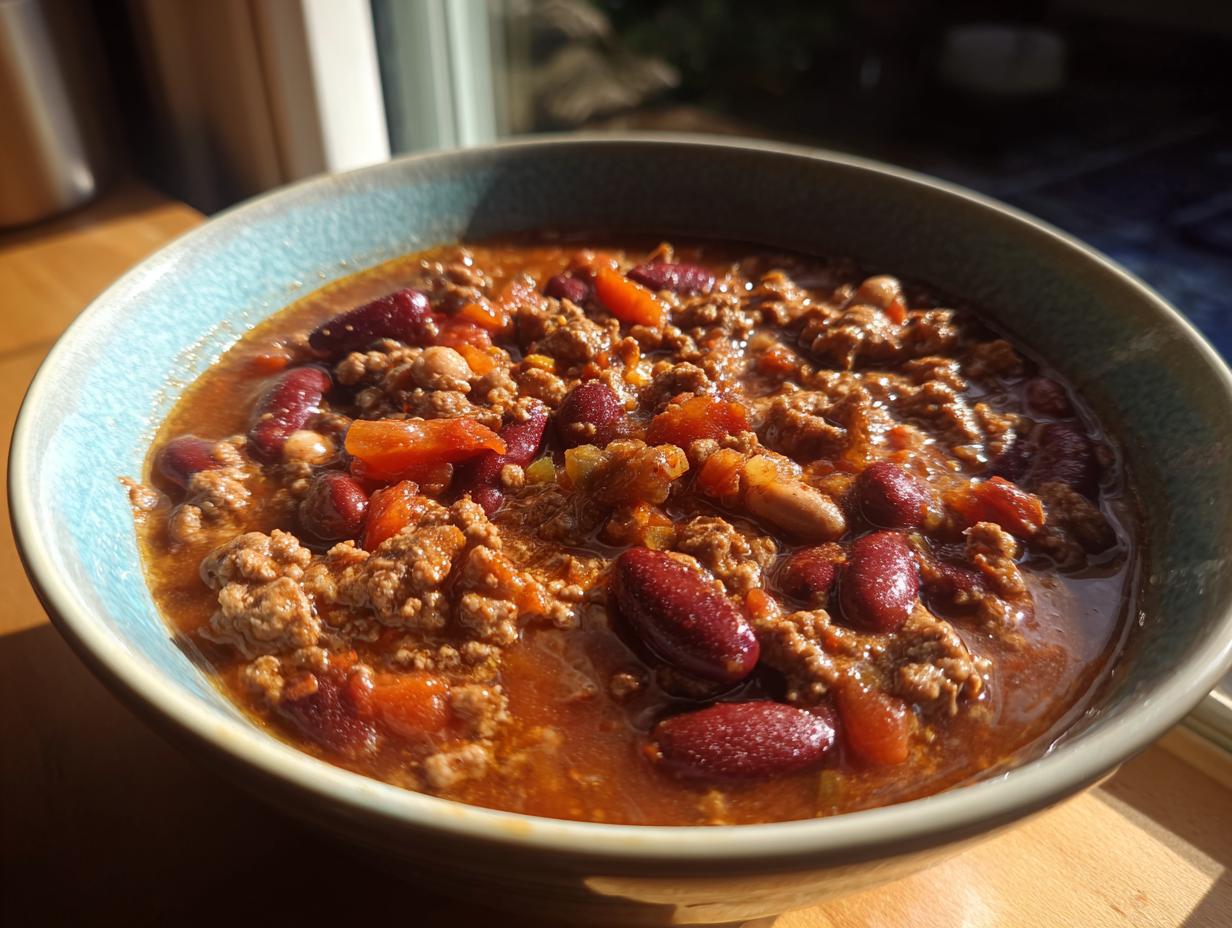 A bowl of hearty chili, a perfect Dinner Recipes Recipe Everyone Asks For, filled with beans, ground beef, and vegetables.