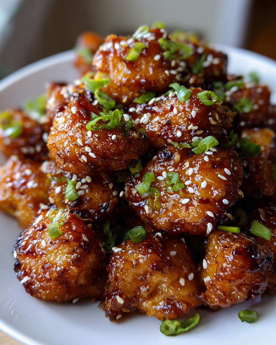 A plate of glistening Honey Garlic Chicken Bites, garnished with sesame seeds and green onions.