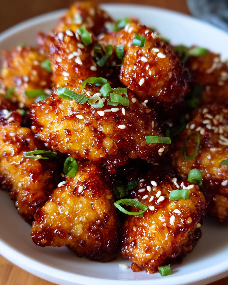 Close-up of Honey Garlic Chicken Bites, garnished with sesame seeds and green onions.