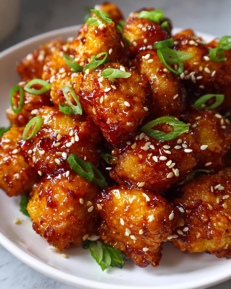 Close-up of Honey Garlic Chicken Bites, garnished with sesame seeds and green onions.