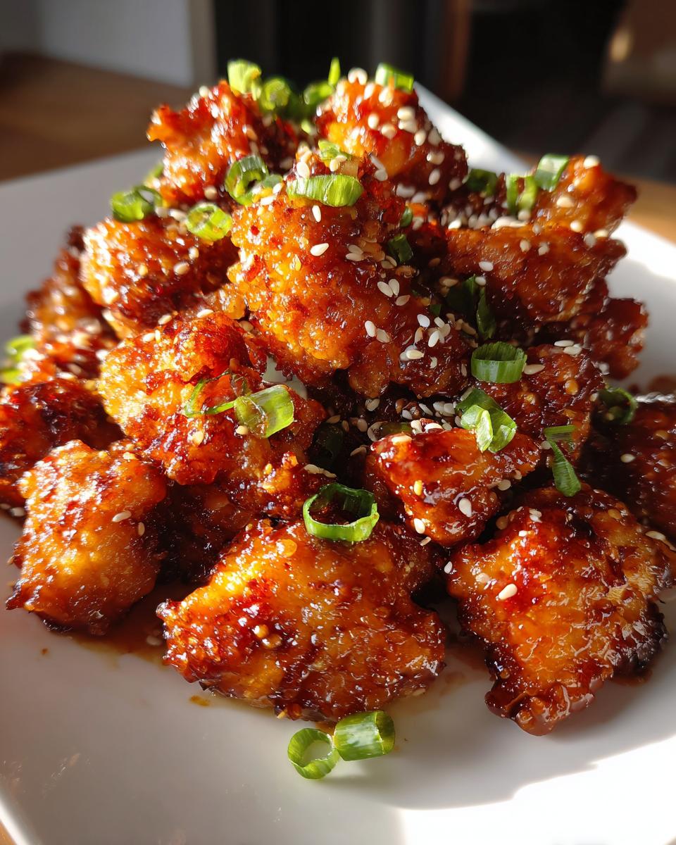 A platter of glistening Honey Garlic Chicken Bites, garnished with sesame seeds and green onions.