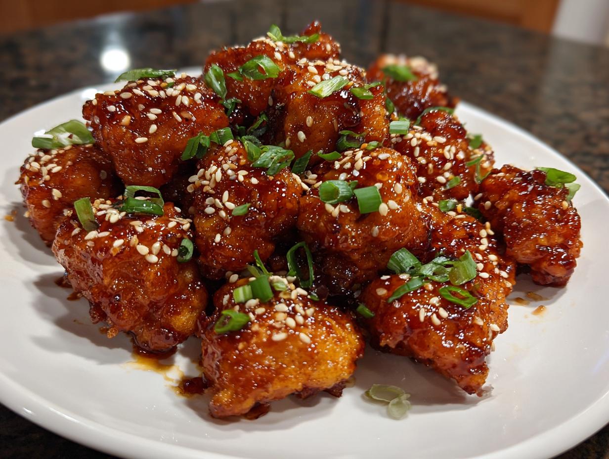 A plate of glistening Honey Garlic Chicken Bites, garnished with sesame seeds and green onions.