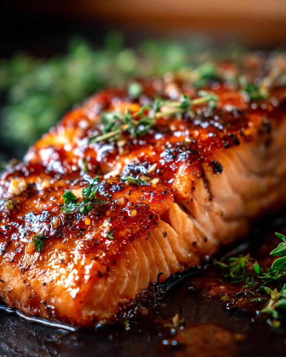 A close-up of Honey Garlic Salmon, glazed and garnished with fresh herbs, showcasing its texture and color.