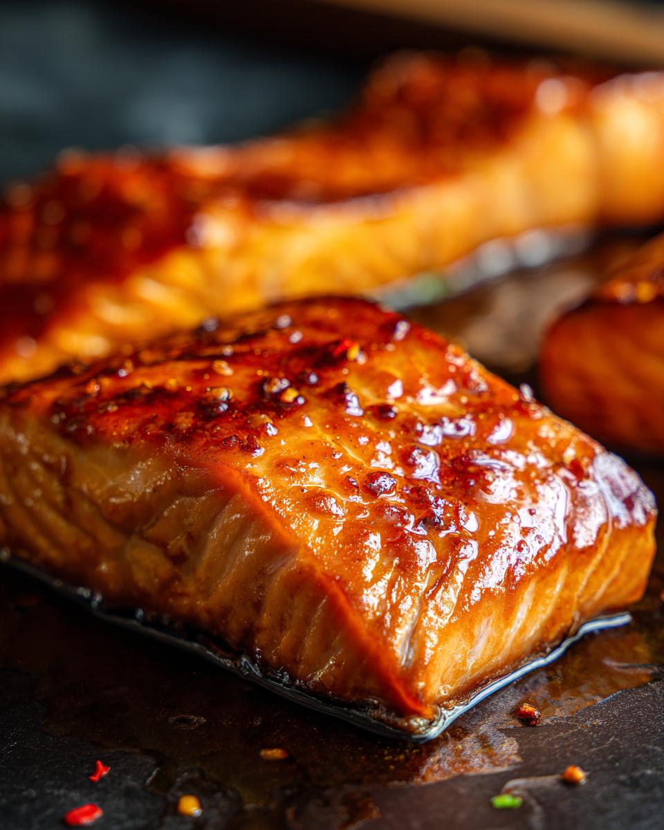 Close-up of a glazed Honey Garlic Salmon fillet, showcasing its caramelized texture and vibrant color.