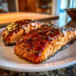 Two fillets of Honey Garlic Salmon on a white plate, glazed and garnished with herbs.