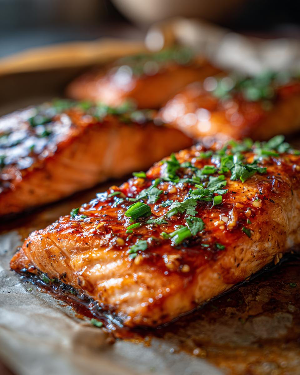 Three fillets of Honey Garlic Salmon on a baking sheet, garnished with fresh herbs.