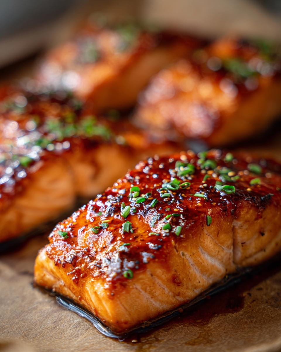 Close-up of glazed Honey Garlic Salmon fillets with chives, showcasing the texture and glaze.