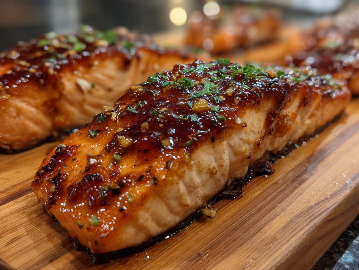 Close-up of Honey Garlic Salmon fillets on a wooden board, glazed and garnished with herbs.