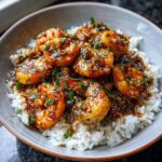 A bowl of Honey Garlic Shrimp Bowls served over white rice and garnished with fresh herbs.