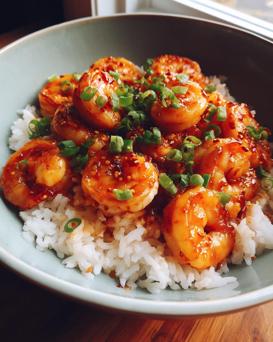 A bowl of Honey Garlic Shrimp Bowls with rice and green onions, ready to eat.