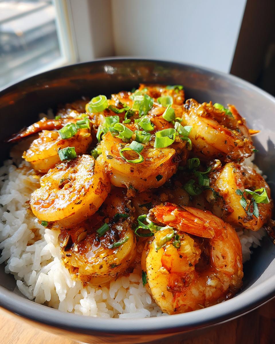 Close-up of Honey Garlic Shrimp Bowls served over white rice, garnished with green onions.