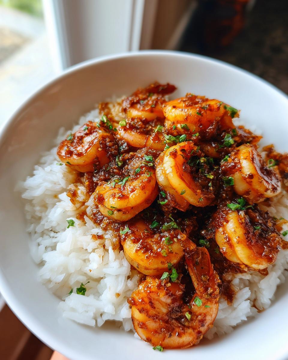 A bowl of Honey Garlic Shrimp Bowls served over white rice, garnished with fresh herbs.