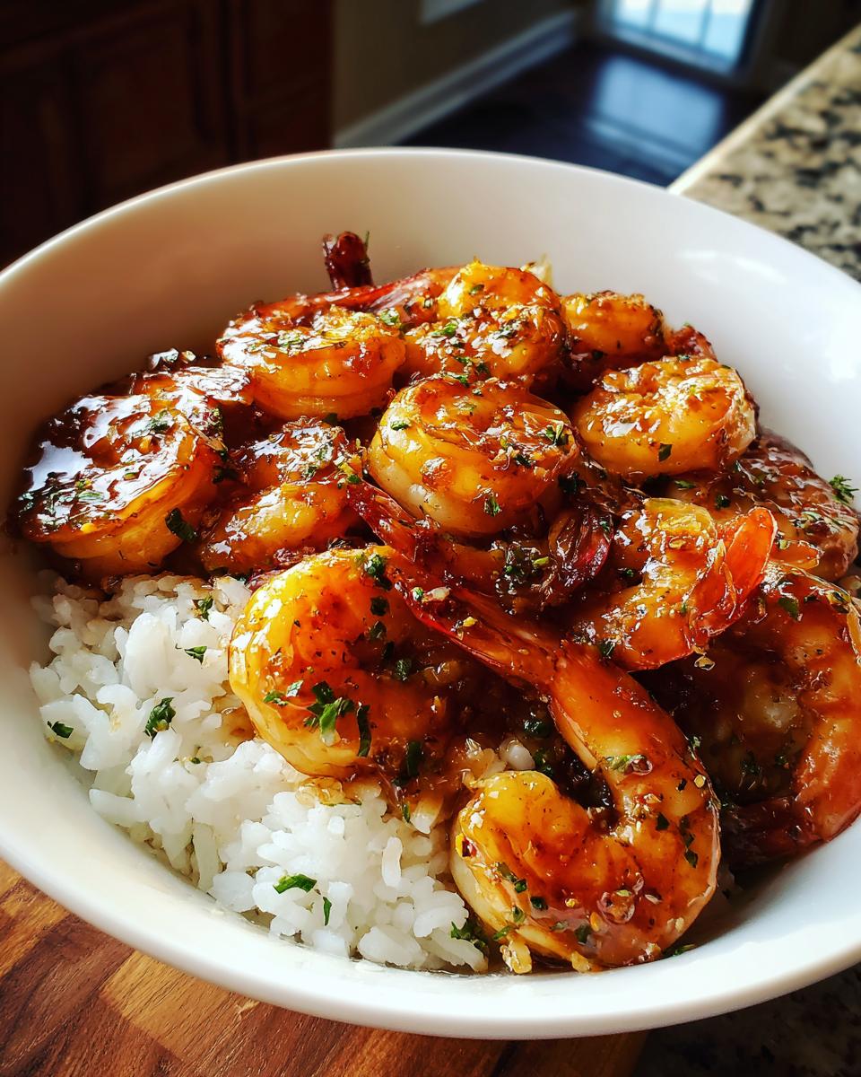 A bowl of Honey Garlic Shrimp Bowls served over white rice, garnished with fresh herbs.