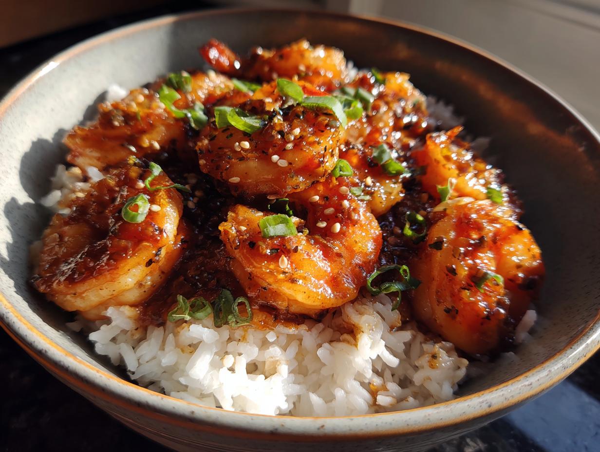 Close-up of Honey Garlic Shrimp Bowls served over white rice, garnished with sesame seeds and green onions.