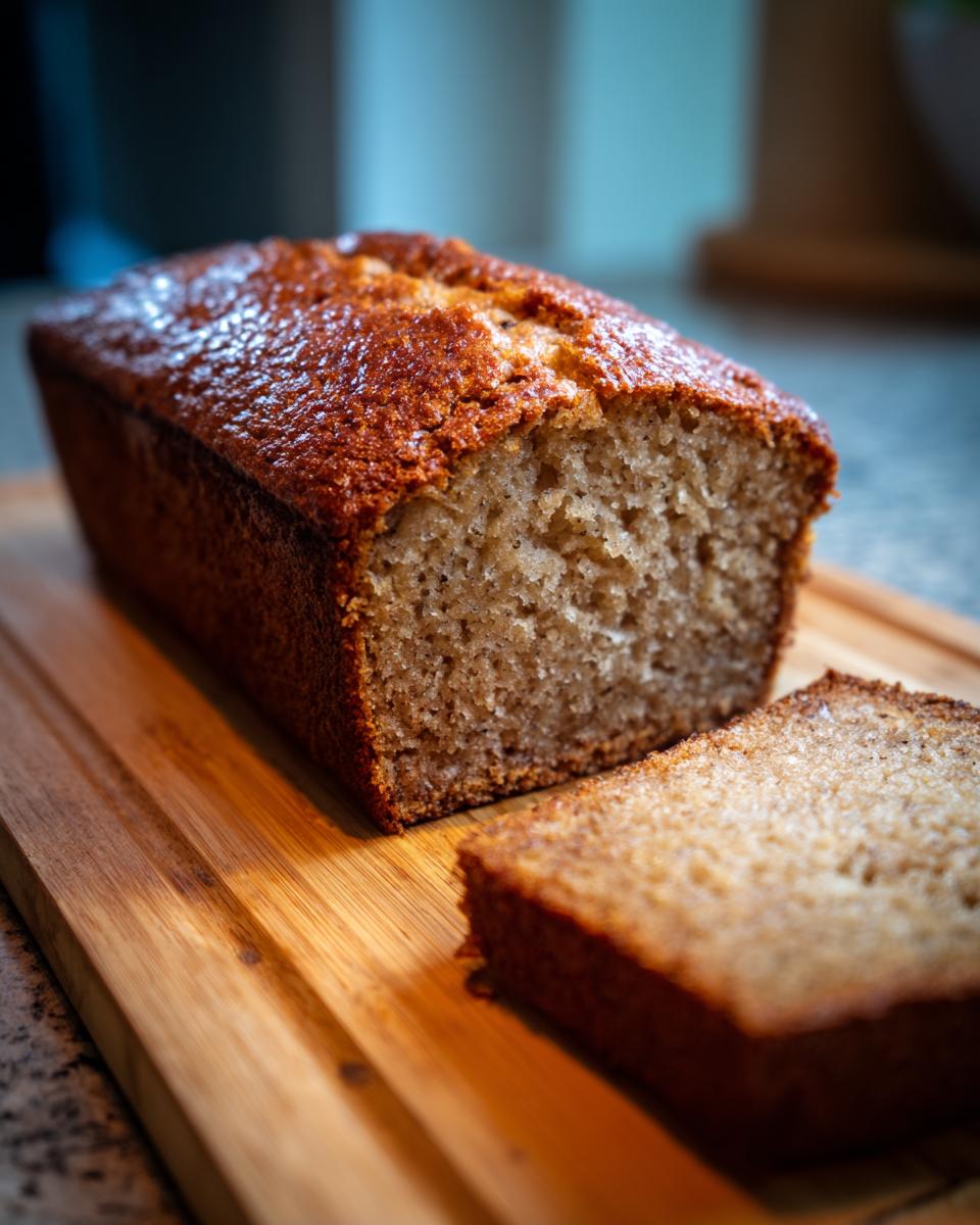 A loaf of How to Make Banana Bread with a slice cut, sitting on a wooden cutting board.