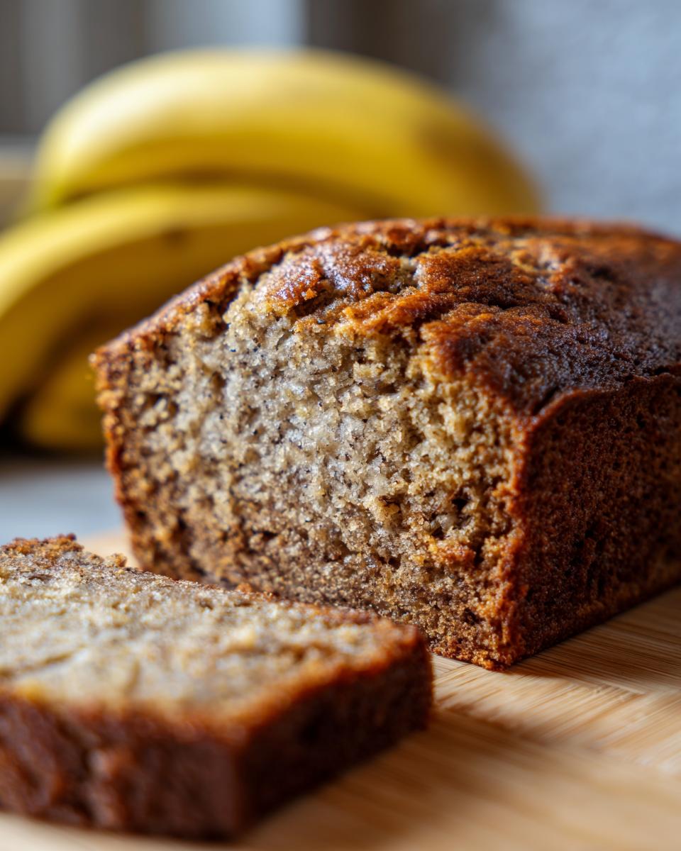 Close-up of a loaf of freshly baked How to Make Banana Bread with a slice cut, bananas in the background.