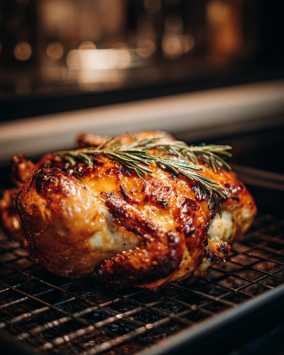 Golden brown roasted chicken on a wire rack, garnished with rosemary. Learn How to Make Chicken perfectly every time.