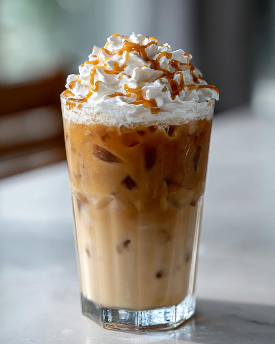 Iced caramel macchiato with whipped cream and caramel drizzle, a Restaurant-Style Starbucks Drinks at Home recipe.