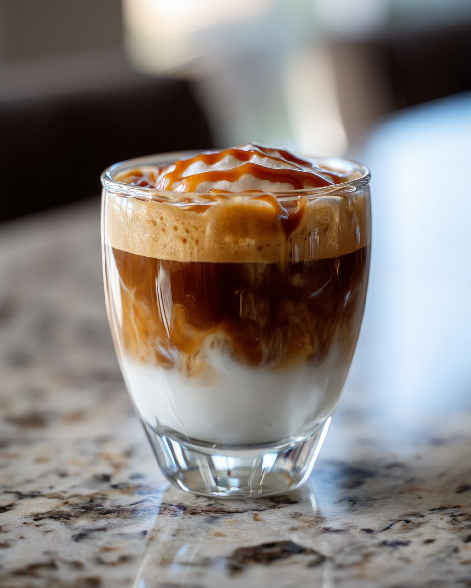 Iced caramel macchiato in a glass. Part of the Ultimate Starbucks Drinks Guide.