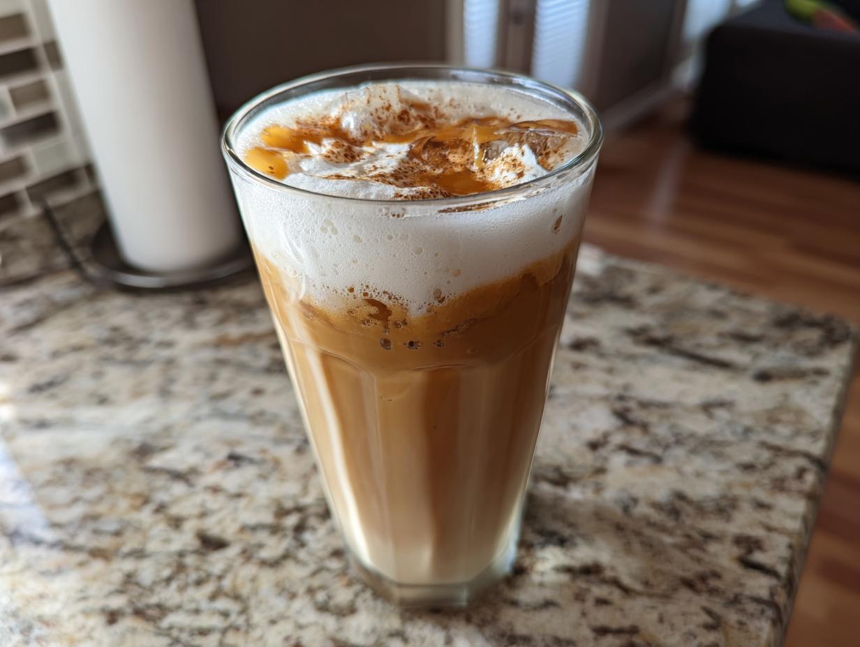 Iced caramel macchiato in a tall glass, a delicious example of Starbucks Drinks you can make at home.