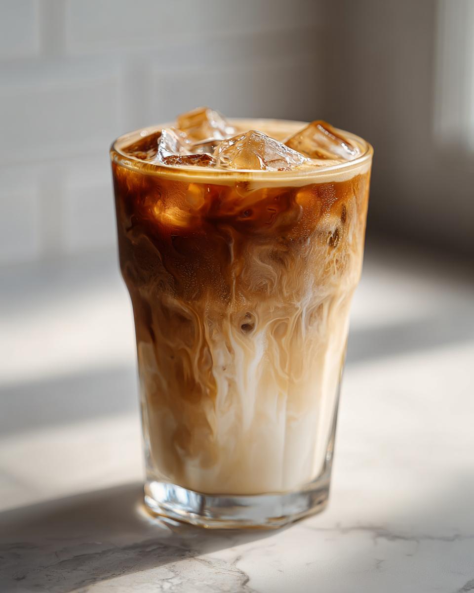 Iced coffee drink, showing how to make perfect Starbucks drinks with layers of coffee, milk, and ice.