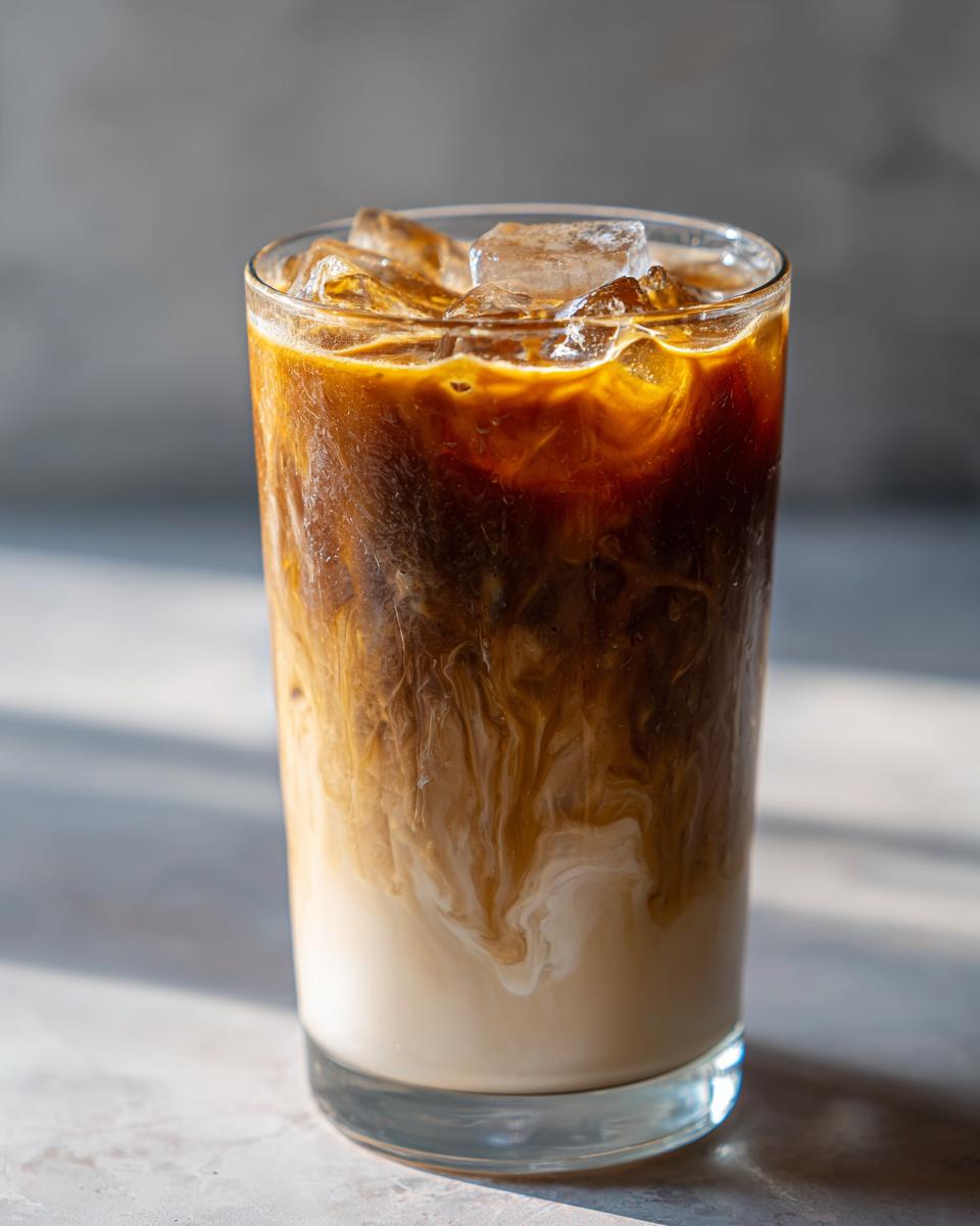 Iced coffee in a glass, showcasing the layers of coffee, milk, and ice. Learn what makes perfect Starbucks drinks.