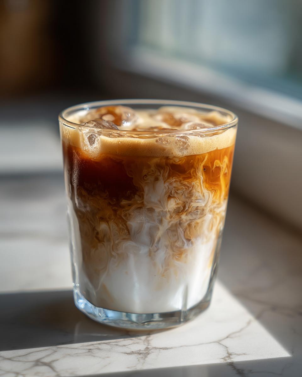 Iced coffee drink with milk swirling in a glass, part of the Starbucks Drinks Guide.