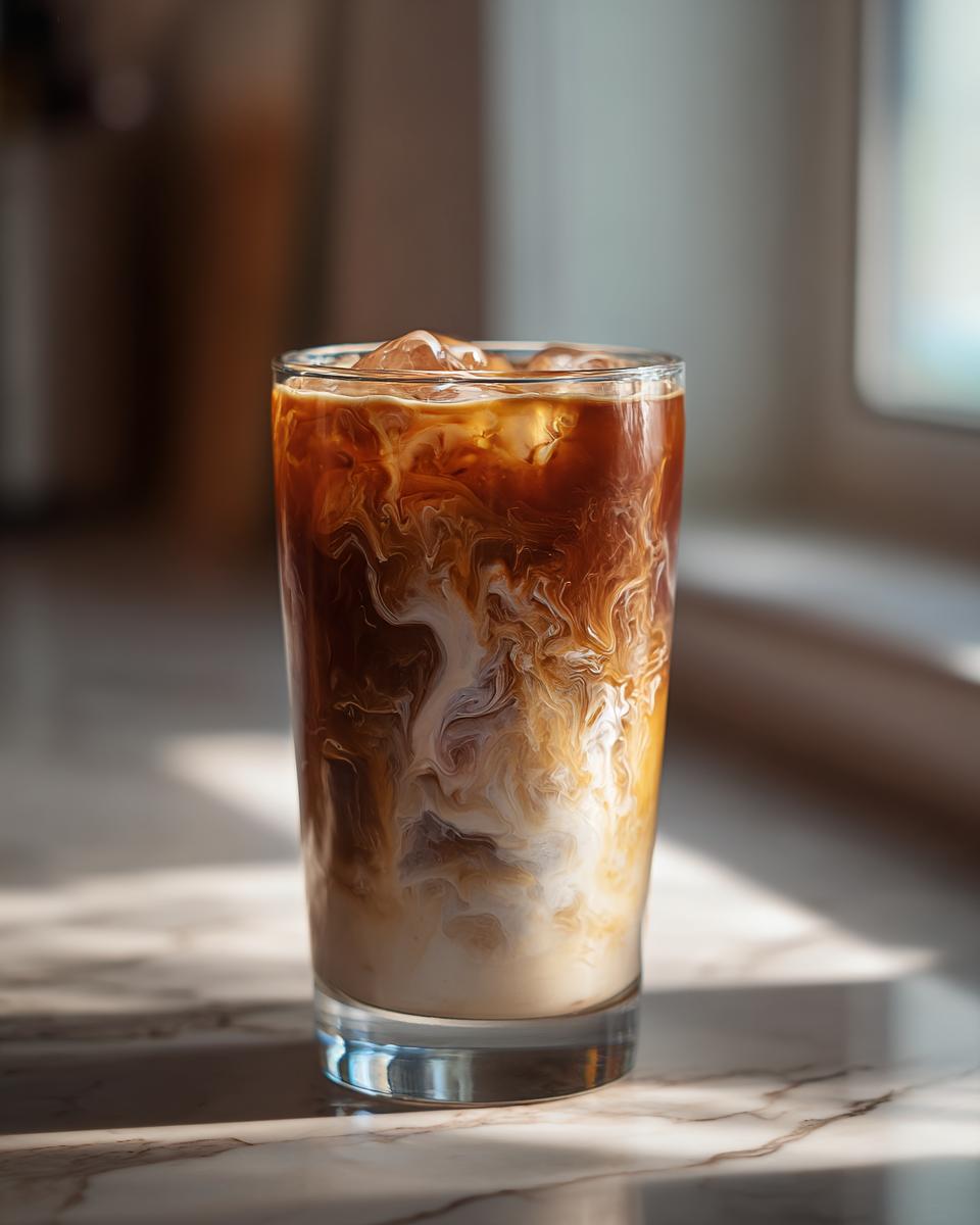 Iced coffee drink with milk swirling, perfect for the Ultimate Starbucks Drinks Guide.