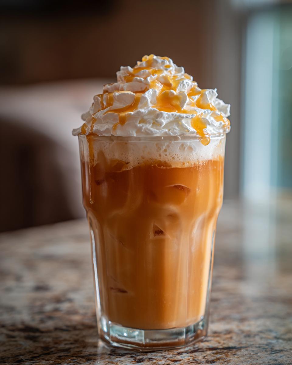 Tall glass of iced coffee with whipped cream and caramel drizzle, perfect for Restaurant-Style Starbucks Drinks at Home.