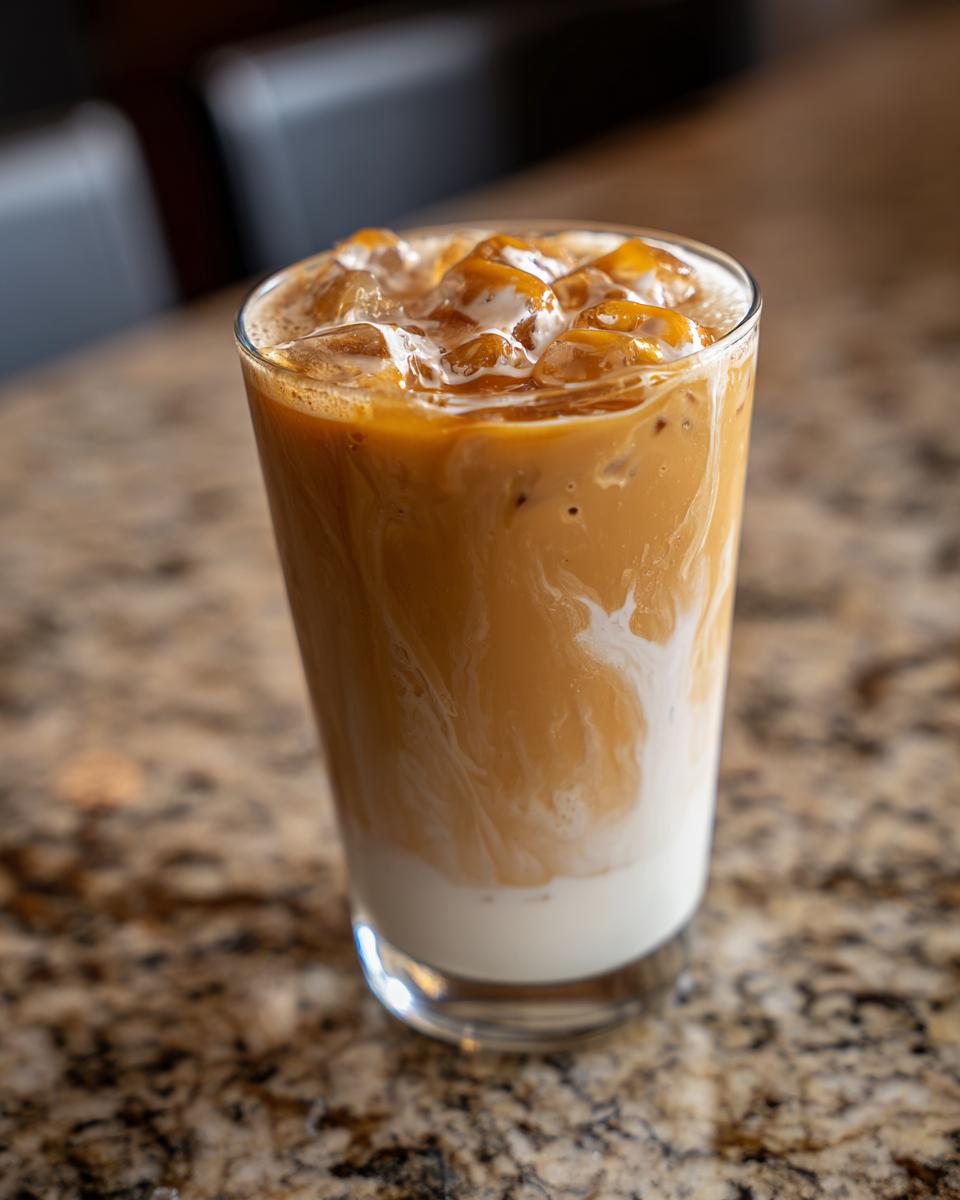 Tall glass of iced coffee with milk swirling, demonstrating how to make Starbucks drinks at home.