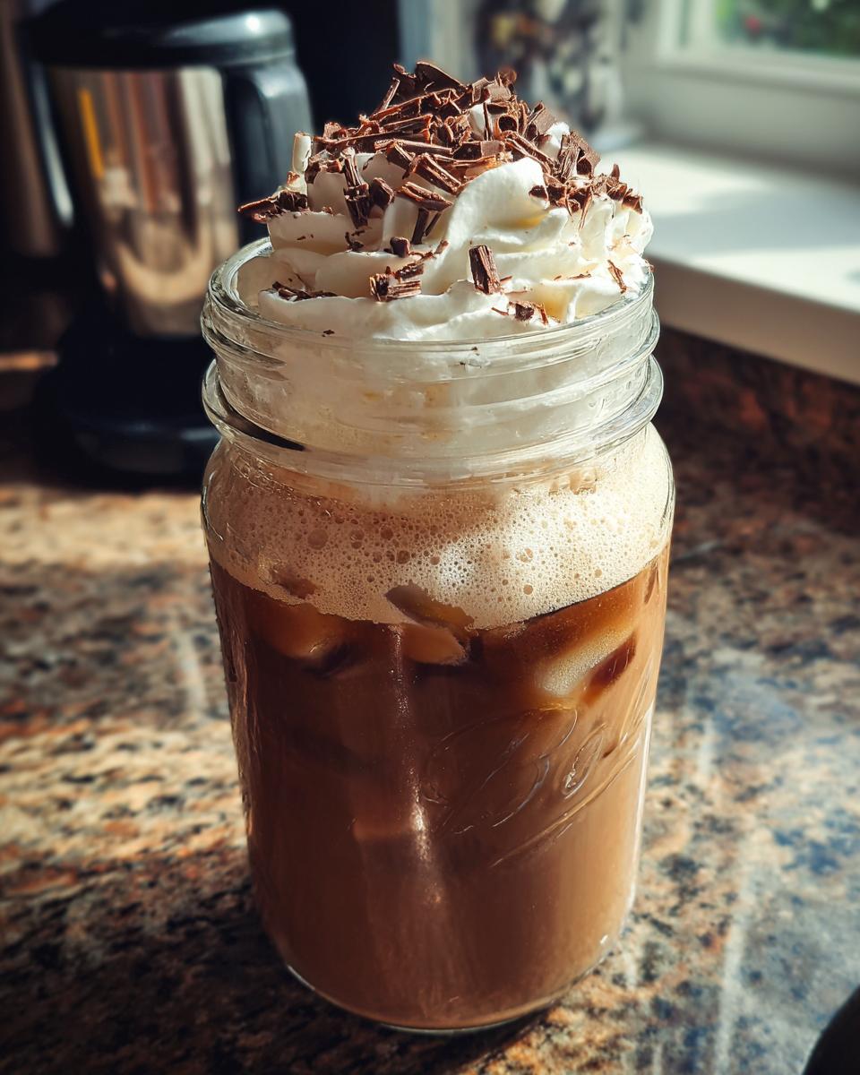 Iced mocha in a mason jar, topped with whipped cream and chocolate shavings. Starbucks Drinks for Busy Weeknights.