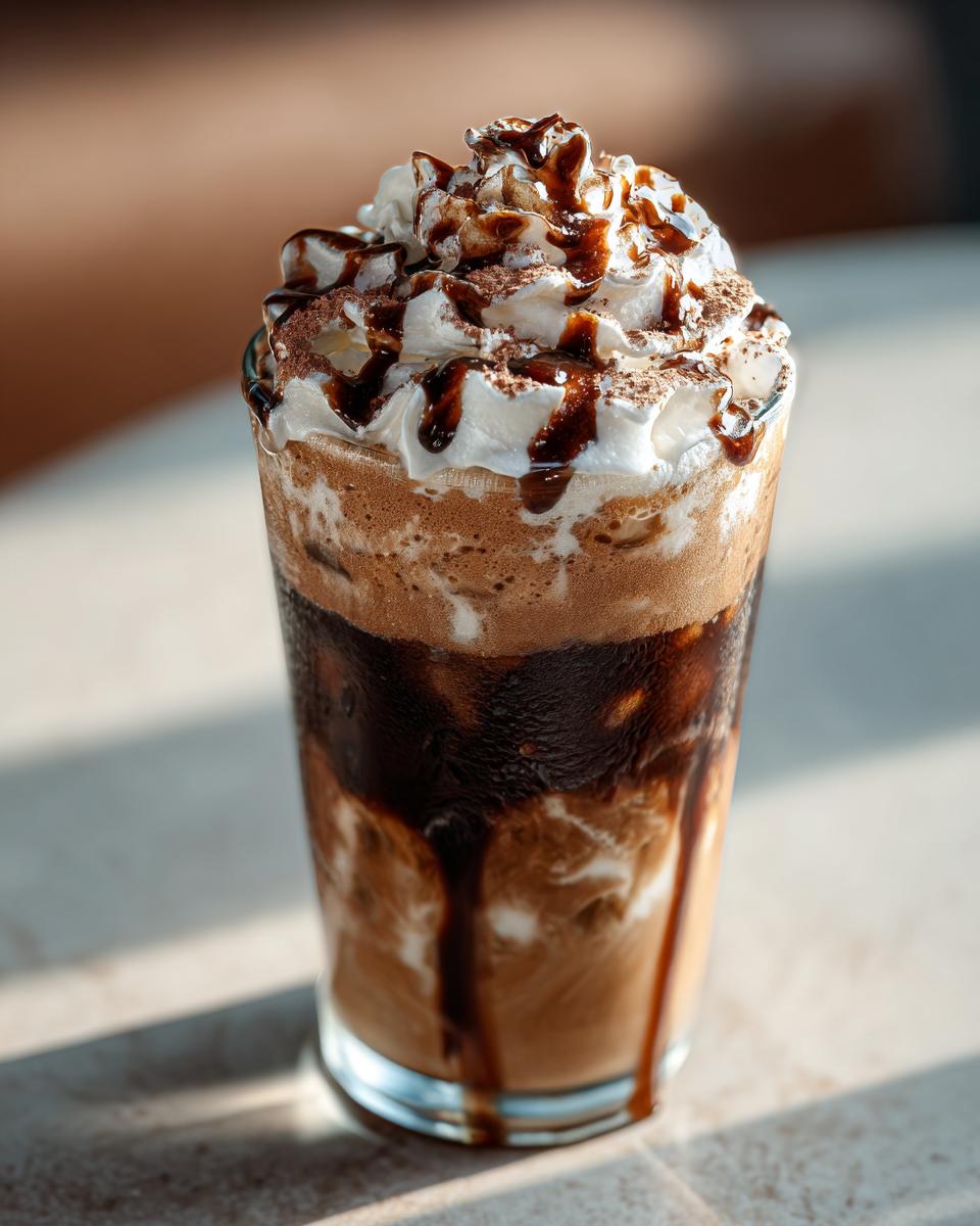 A tall glass of iced Starbucks Drinks, topped with whipped cream and chocolate drizzle.