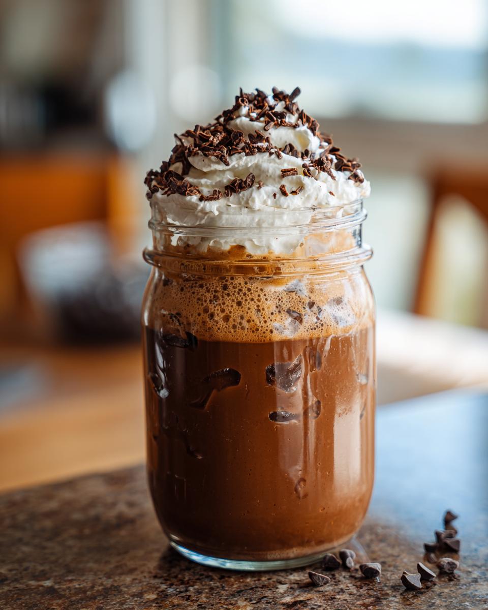 Iced Starbucks Drinks for busy weeknights, topped with whipped cream and chocolate shavings in a mason jar.