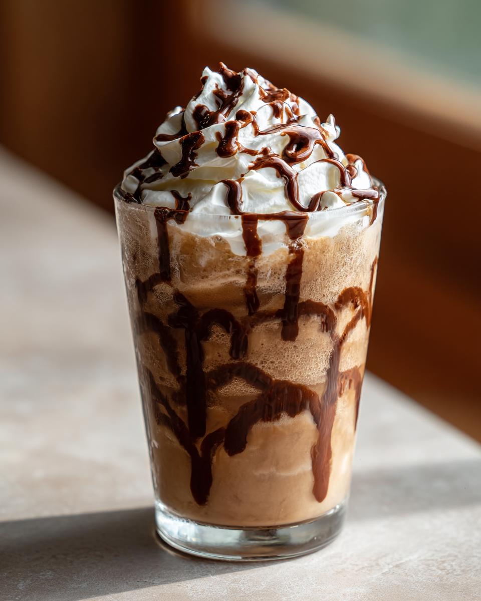 Iced Starbucks Drinks topped with whipped cream and chocolate drizzle in a clear glass.