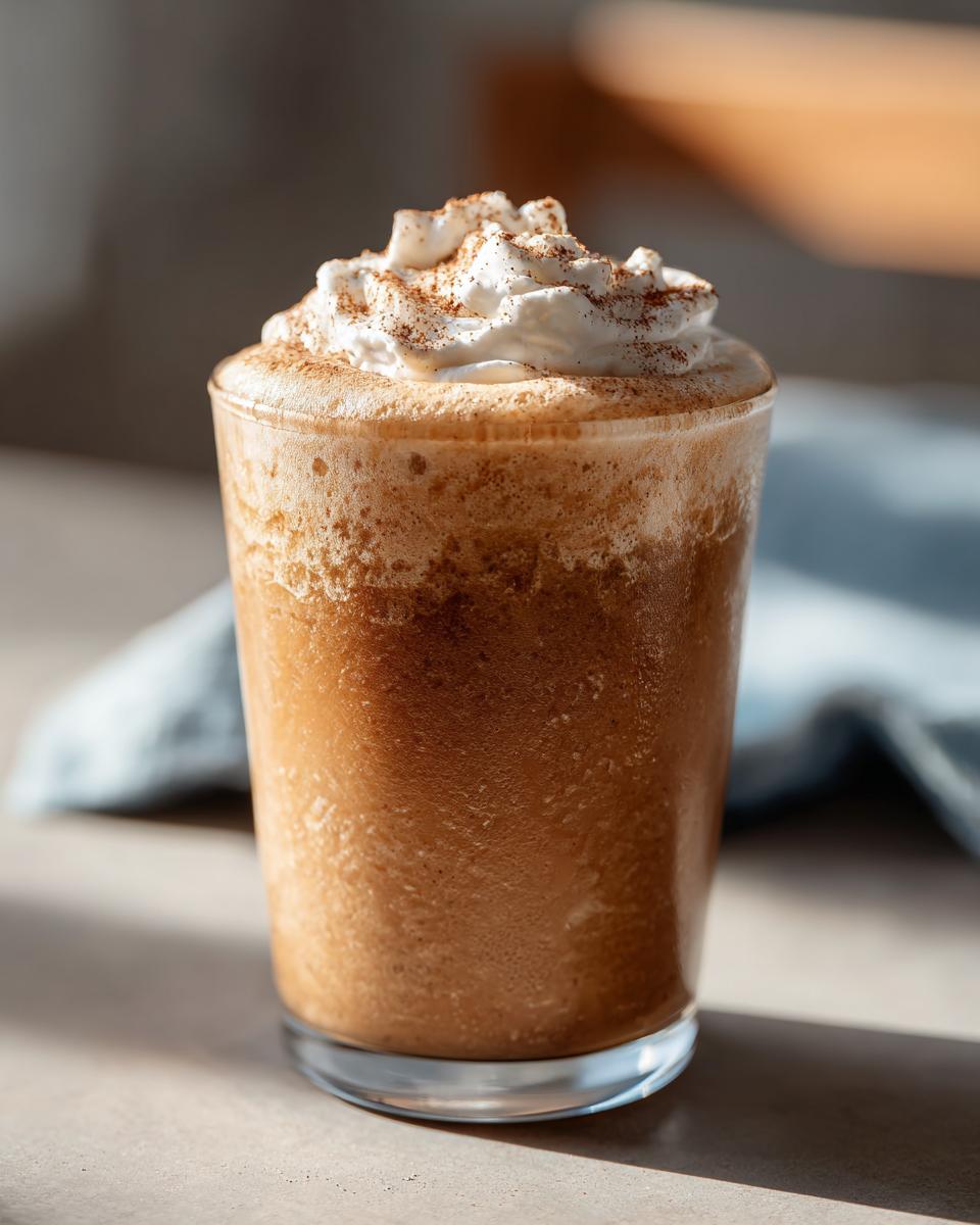 Iced Starbucks Drinks Recipe: A cold blended drink topped with whipped cream and a sprinkle of spice.