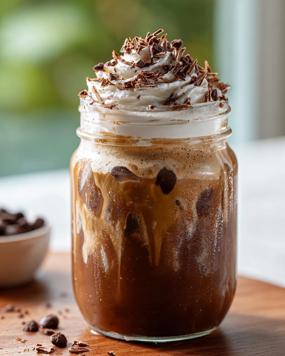 Iced coffee drink with whipped cream and chocolate shavings, perfect for Starbucks Drinks for Busy Weeknights.