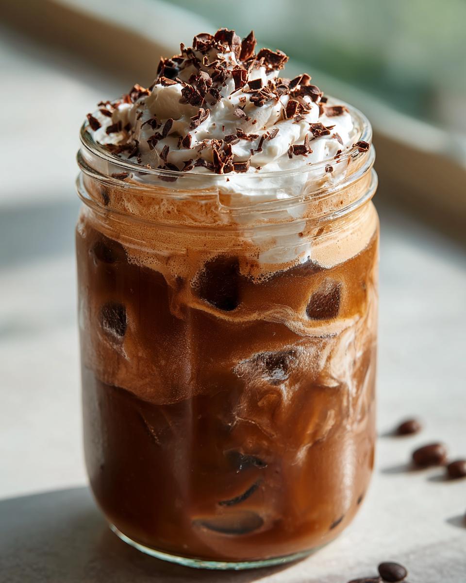 Iced coffee drink, one of the Starbucks Drinks for Busy Weeknights, topped with whipped cream and chocolate shavings.