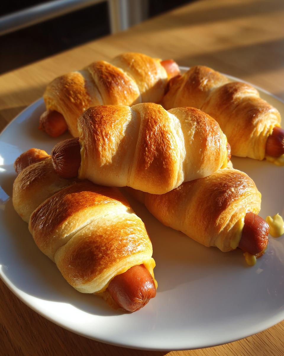 A plate of golden Jalapeño Popper Mummy Dogs, featuring hot dogs wrapped in crescent roll dough and baked to perfection.