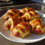 A plate of golden brown Jalapeño Popper Mummy Dogs, baked to perfection with a flaky crust.