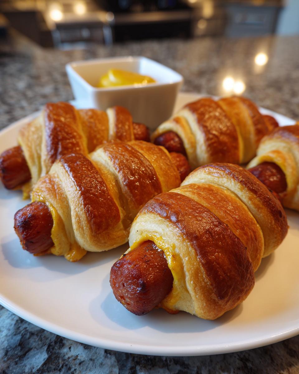 Close-up of Spicy Jalapeño Popper Mummy Dogs plated with mustard. Hot dogs are wrapped in crescent roll dough.