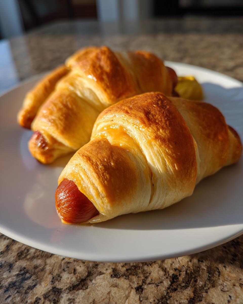 Two Spicy Jalapeño Popper Mummy Dogs, baked in flaky dough, served on a white plate with a dollop of mustard.