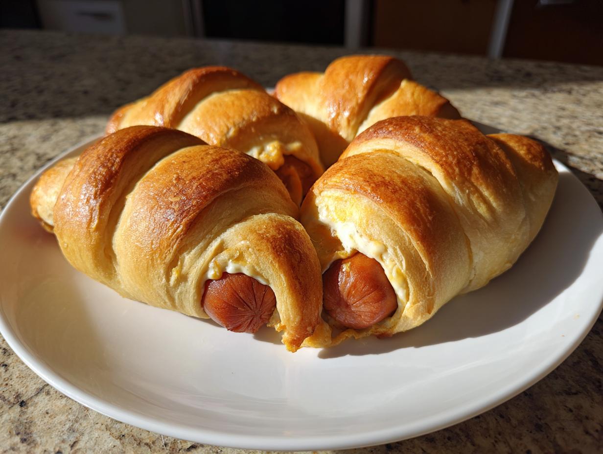 Four Spicy Jalapeño Popper Mummy Dogs on a white plate, baked to a golden brown.