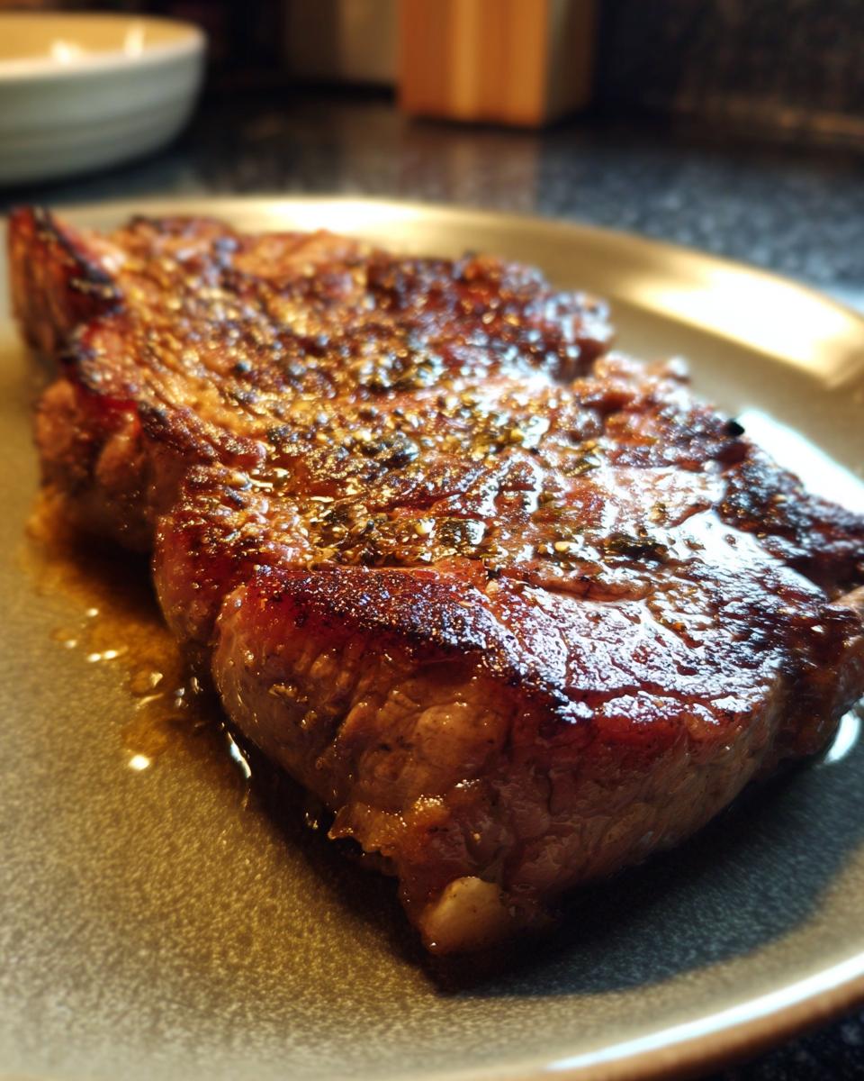 Close-up of a juicy steak on a plate, showcasing a crispy exterior and part of Best Breakfast Ideas 2025.