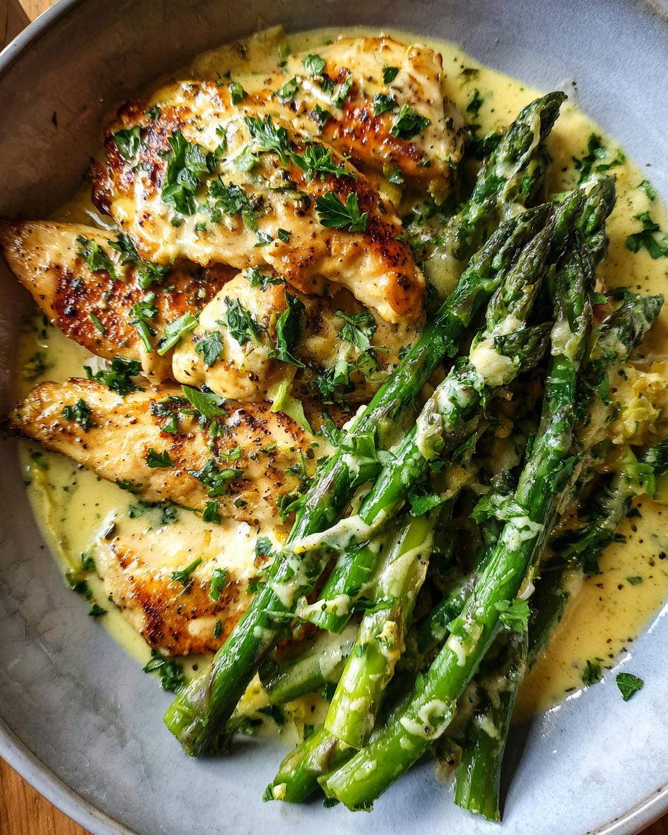 A plate of Lemon Butter Chicken With Asparagus, garnished with fresh parsley and a creamy lemon sauce.