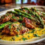 Close-up of Lemon Butter Chicken With Asparagus, garnished with parsley and served on a plate.