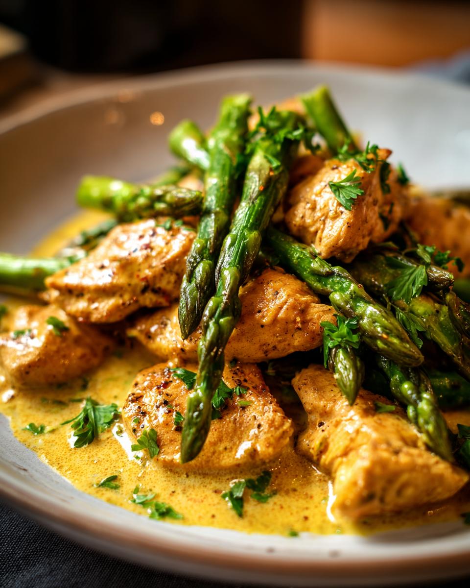 A serving of Lemon Butter Chicken With Asparagus, garnished with parsley, on a plate.