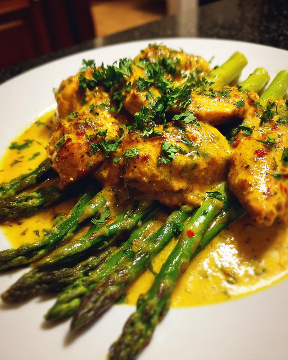 Close-up of Lemon Butter Chicken With Asparagus, plated with sauce and parsley garnish.
