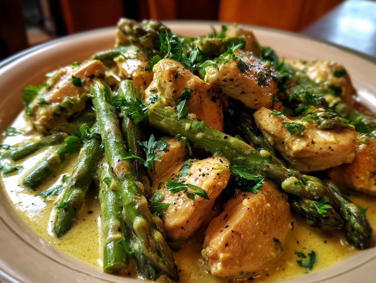 Close-up of Lemon Butter Chicken With Asparagus, featuring tender chicken, vibrant asparagus, and a creamy lemon butter sauce.