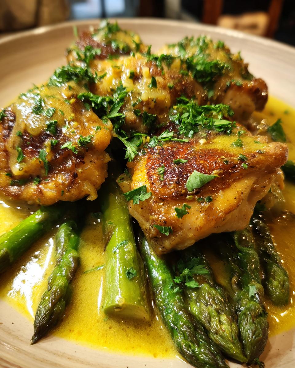 Close-up of Lemon Butter Chicken With Asparagus, garnished with fresh parsley and a creamy lemon sauce.
