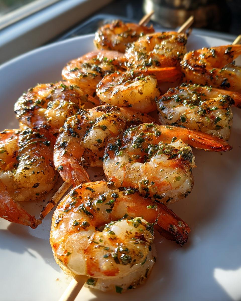 Close-up of Lemon Herb Grilled Shrimp Skewers on a white plate, showing grill marks and herb seasoning.